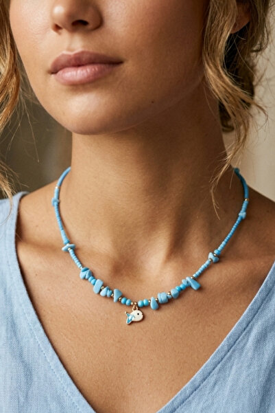 PETEK AKSESUAR Blue Natural Stone Fish Bead Necklace