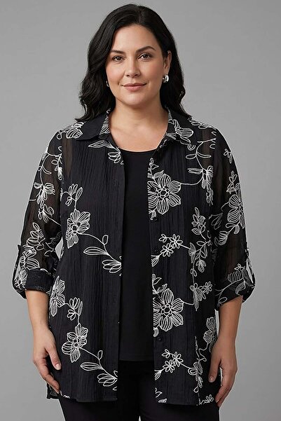 Metpoint Trend42Plus Large Size Self-Embroidered Black Two-Piece Set