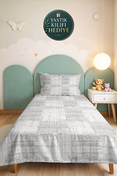 Evimde Bambaşka Gray Geometric Modern Single Duvet Set - White Striped Minima...