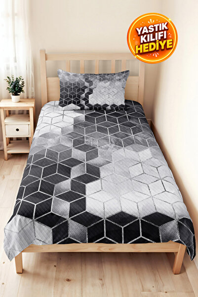 Evimde Bambaşka Gray Geometric Modern Young Room Single Pique Set - Anthracit...