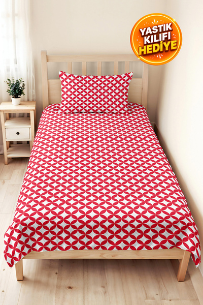 Evimde Bambaşka Red Geometric Modern Pique Set-White Retro Circle Motif Singl...