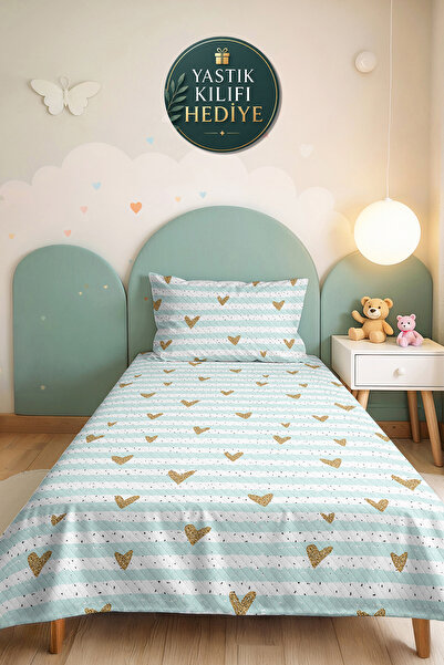 Evimde Bambaşka Hearted Striped Mint Girls' Pique Set - Pastel Gold White Bab...