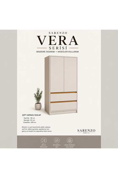 Sarenzo Vera 2 Kapaklı Gardırop Modern Yatak Odası Dolabı Kum Beji Meşe Detaylı