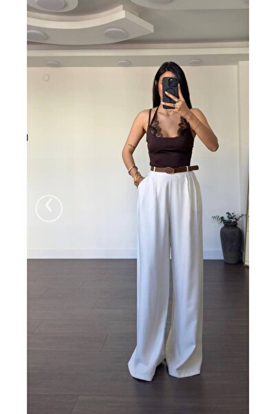 neslihansarıca Pants, Linen Trousers, White Linen Palazzo with Belt
