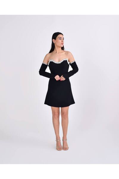 İnci İşlemeli Uzun Kollu Mini Elbise