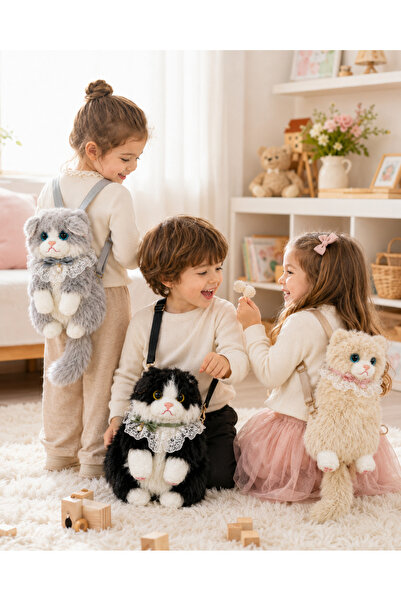 PONİKİDO Sesli Peluş Kedi Çanta – Miyavlayan Çocuk Sırt ve Omuz Çantası, Ayar...