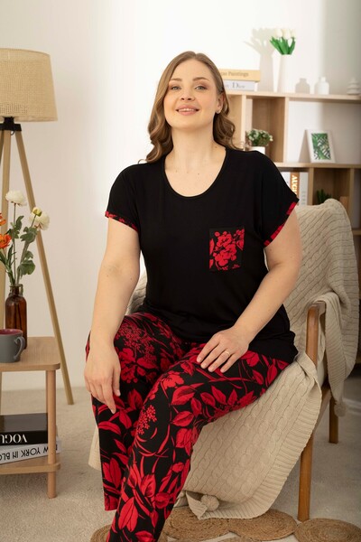 Miss Meryem Siyah Ring Viskon Kısa Kol Büyük Beden Pijama Takım