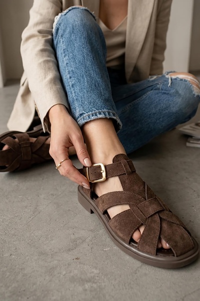 DURUNUN BUTİĞİ Denis Women's Brown Suede Ankle Strap Buckle Casual Sandals