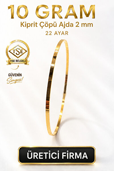 Aks Gold 22 Ayar TSE Belgeli (10 GRAM) 2 mm Kibrit Çöpü Ajda Altın Bilezik İş...