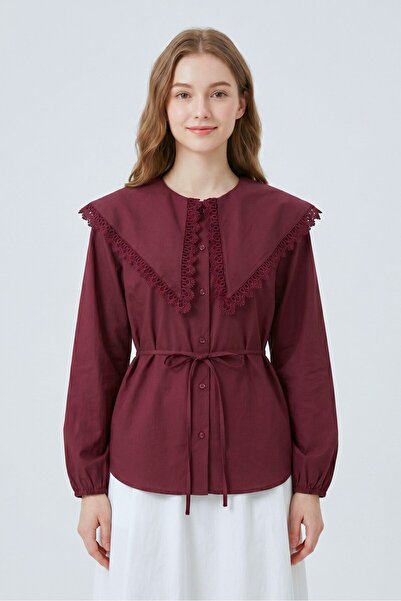 Saade Burgundy Oversize Patterned Lace Riviera Wide Collar Tie-Up Shirt