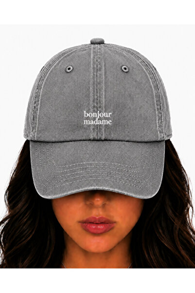 WeavedCo Bonjour Madame (Merhaba) White Embroidered Hat, Vintage Washed Baseb...