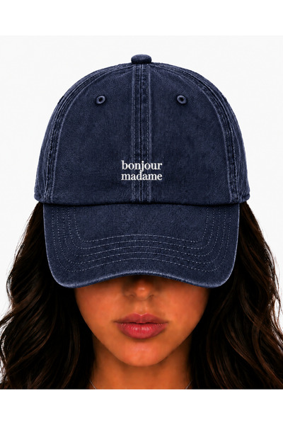 WeavedCo Bonjour Madame (Merhaba) White Embroidered Hat, Vintage Washed Baseb...