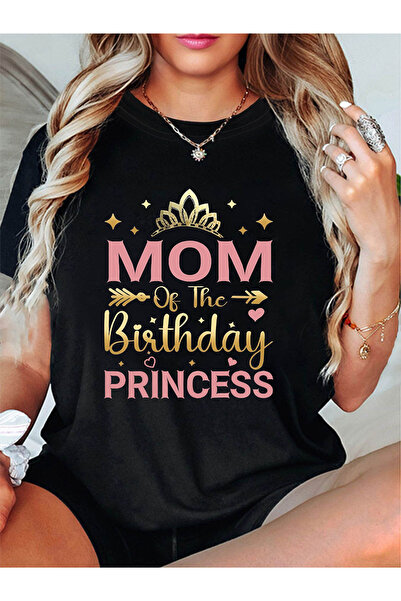 12 Teknoloji تي شيرت نسائي عصري بطباعة نصية "Mom Of The Birthday Princess" بر...