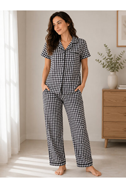 Victor and Jane By Styli Blue Gingham Check Cotton Shirt and Pyjama Set