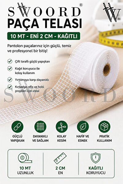 SWOORD Paça Telası -Çift Taraflı Yapışkan Tela En 2cm Boy 10mt - Ütüyle Yapışan Tela (KAĞITLI)