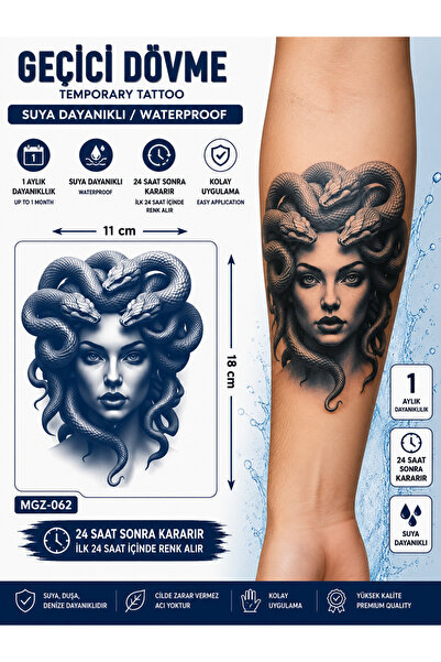 medink tattoo 1 Ay Kalıcı Sonradan Kararan 11X 18 cm Medusa model geçici dövm...