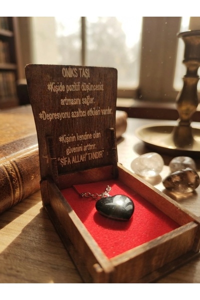 Meneva Aksesuar Onyx Stone Natural Stone Heart Model Necklace with Wooden Box