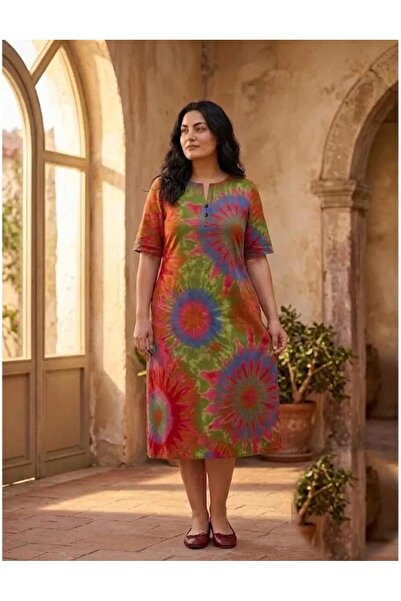 Sedef Moda Evi Plus Size Mom Tie-Dye Pattern Midi Dress 3Xl-6Xl Short Sleeve ...