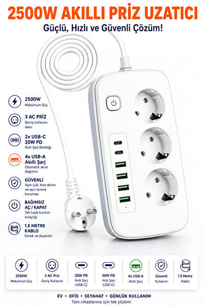 Dexmon 2500W Akıllı Priz Uzatıcı 1.5m Kablolu 3'lü Topraklı Çoklu Priz USB-C ...