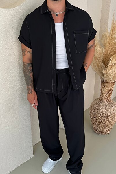 OUTFİT MAN Stripe Detail Short Sleeve Loose Set Black