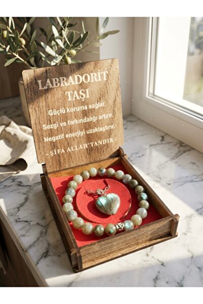 Meneva Aksesuar Labradorite Stone Natural Stone Necklace with Wooden Box, Bra...