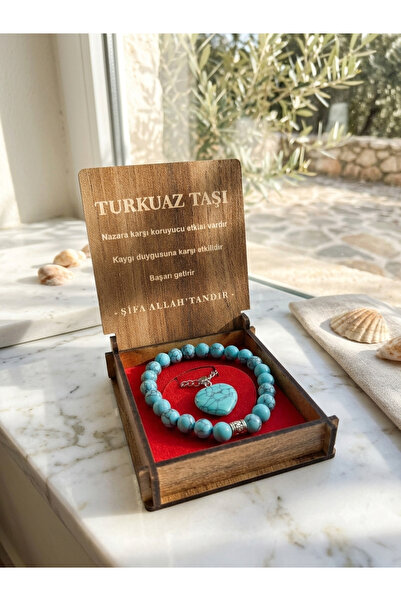 Meneva Aksesuar Turquoise Stone Natural Stone Wooden Boxed Necklace and Brace...