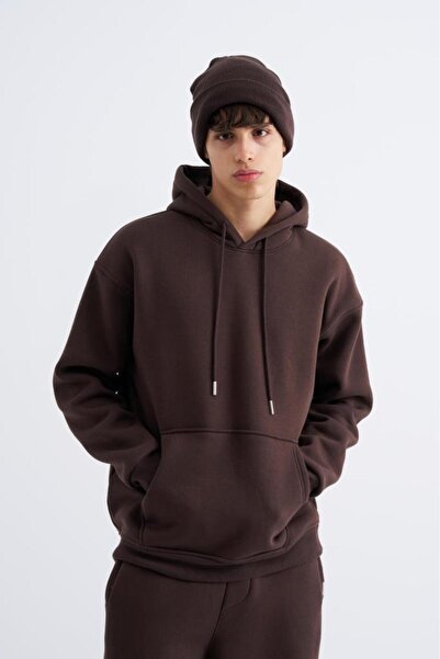 Machinist Erkek Oversize Basic Kapüşonlu Sweatshirt Koyu Kahverengi