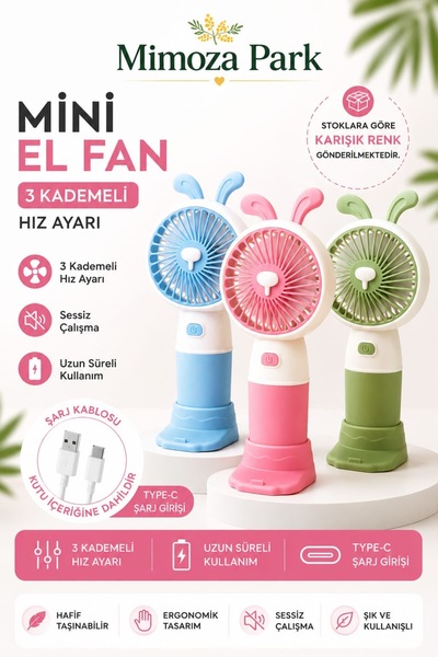 MİMOZA PARK 3 Kademeli Şarjlı Mini Taşınabilir El Fanı - Sessiz USB Masaüstü ...