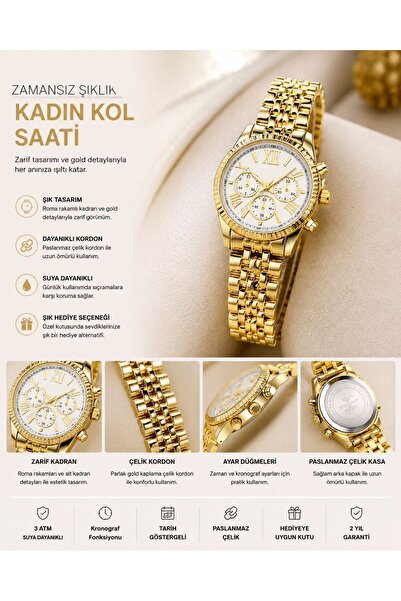 Çelik Gold Renk Kadın Kol Saati Roma Rakamlı Tarih Göstergeli Paslanmaz Kordo...