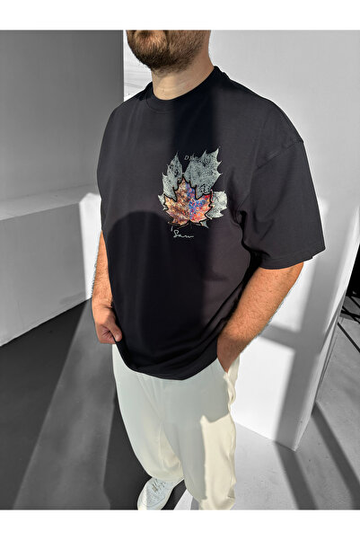 NO1 KONSEPT Navy Blue Oversize T-Shirt with Leaf Patch and Premium Embroidery