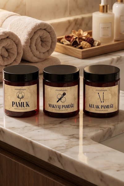 Minishopio Set of 3 Retro Labelled Amber Bathroom Organizer Cotton Pads Makeup and Cotton Swab Box