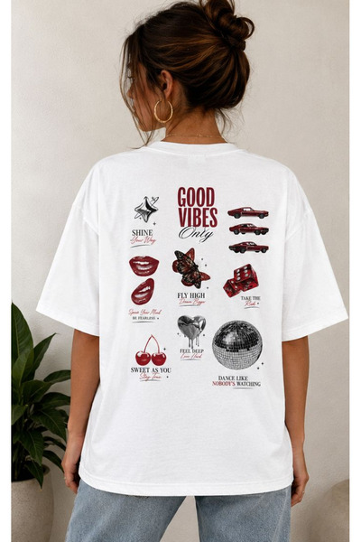Huw Μπλουζάκι με στάμπα Good Vibes Only, Oversize Unisex, λευκό, 100% βαμβάκι...