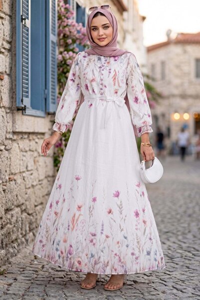 hafsamina Çiçek Desenli Astarlı Kuşaklı Elbise Beyaz HM2923