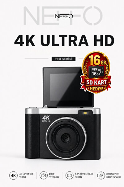 NEFFO 4K Dijital Retro Video Kamera 48MP Flaşlı (16GB) Kart Dijital Vlog Foto...