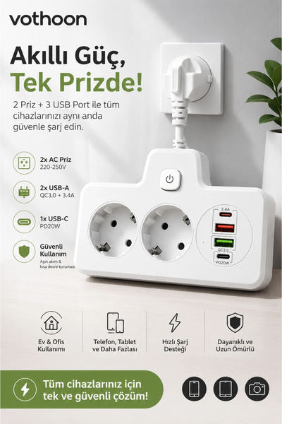 Vothoon Bkl-502 Akım Korumalı 2Li Priz 2 USB ve 2 Type-C Çıkış 4000W Hızlı Şa...