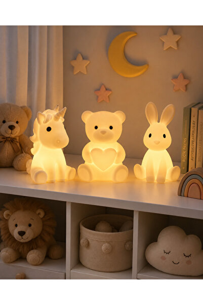 Qatman3d 3'lü Silikon LED Tealight Mumluk Seti Unicorn Ayıcık Tavşan Çocuk Od...