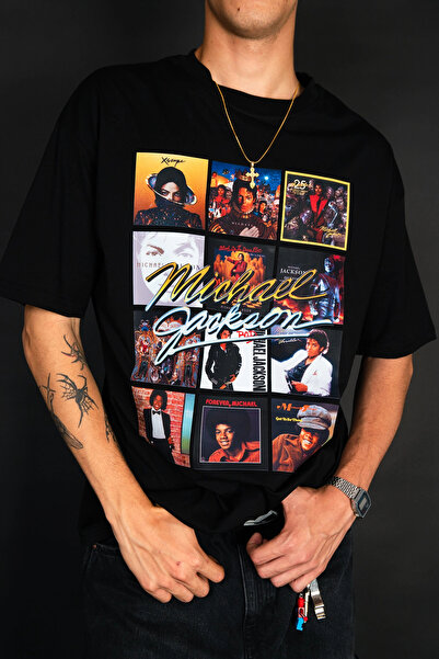 Sekizbiraltı Michael Jackson Vintage Album Collage Printed Oversize Black T-S...