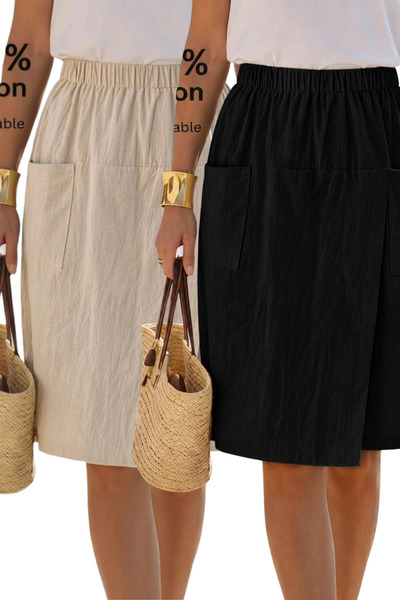 Tarz Cool Women's 2-Piece Set Black Beige 100% Linen High Waist Elastic Pocke...