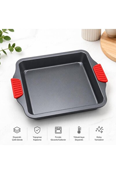 abnturk 28x25cm Isınmayan Silikon Kulplu Yapışmaz Fırın Tepsisi-Çok Amaçlı Pi...