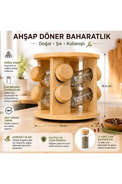 DİLAY HOME 8’li Döner Bambu Baharatlık Seti Cam Kavanozlu 360° Ahşap Baharat ...