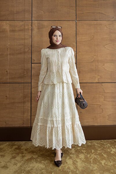 Nes Moda Kadın Nevrül Detaylı Fisto Brode Bluz Etek Takım Tesettür Elbise