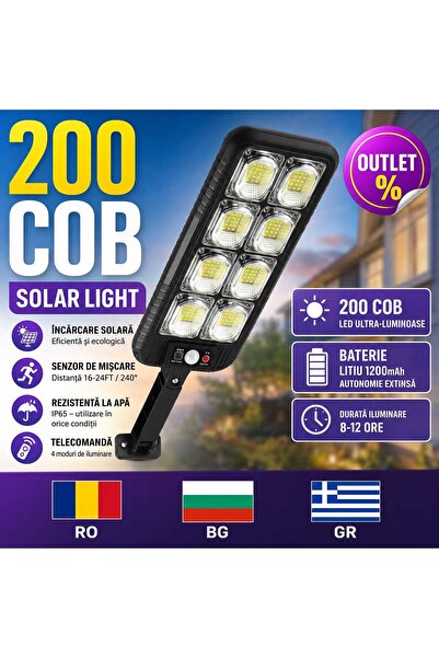 ASMXX Lampă Solară LED 200 COB cu Senzor de Mișcare, Telecomandă, IP65, Încăr...