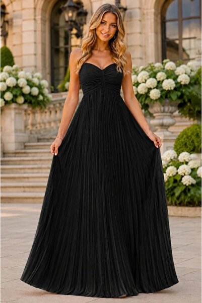 FashionForYou Μακρύ πλισέ φόρεμα NYSA UNI, με δέσιμο στην πλάτη, Μαύρο