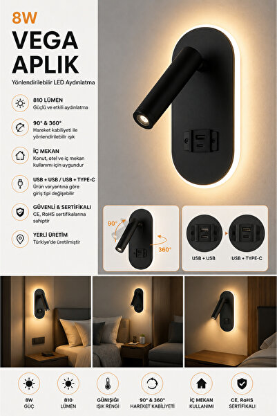 Hightek Yatak Başı LED Duvar Aplik - USB ve Type-C Girişli - Ayarlanabilir Sp...