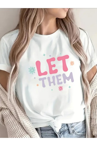 LİNA06 تي شيرت نسائي كاجوال أسود بأكمام قصيرة، مزين بطباعة 'Let Them'. مثالي ...