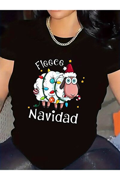 STITCHLY تي شيرت نسائي بأكمام قصيرة مطبوع عليه "Fleece Navidad" - تي شيرت صيف...
