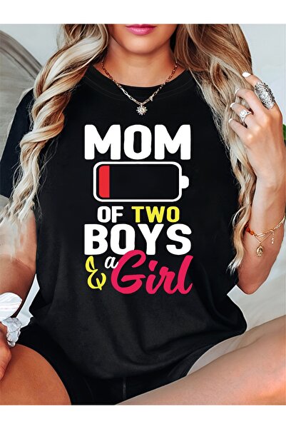 BASEPULSE تي شيرت MOM OF TWO مطبوع عليه حروف، قميص كاجوال بأكمام قصيرة وياقة ...