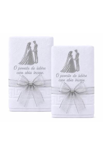 Ingift Set 2 Prosoape Brodate fir argintiu, pentru Nunta, 100% Bumbac, 70 x 1...