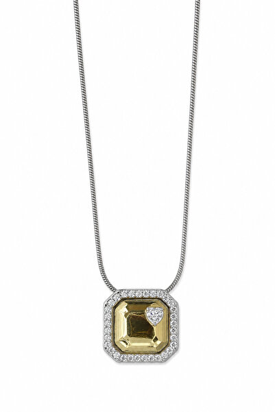 Jack Ferrero Square Stone Yellow Tone Necklace with Gray Chain Stylish Design