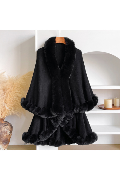 Choice5 black Winter New Thicken Mink Wool Full Trims Faux Fur Cape - Women's...